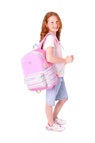 Kaukko Brush Üç Bölmeli Kız Çocuk Pembe Çok Renkli Okul Çantası - K1823 - Resim 5