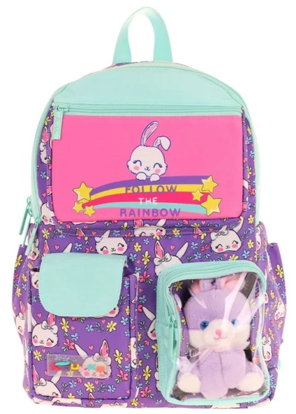 Kaukko Kız Çocuk Peluş Tavşanlı İlkokul Okul Sırt Çantası - Mor Yeşil - L5242 - Resim 2