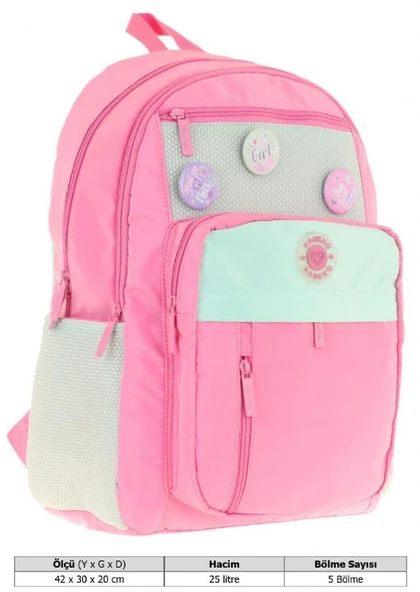 Kauko Holiday Kız Çocuk Altı Bölmeli Rozetli Okul Sırt Çantası - Pembe - K1828 - Resim 4