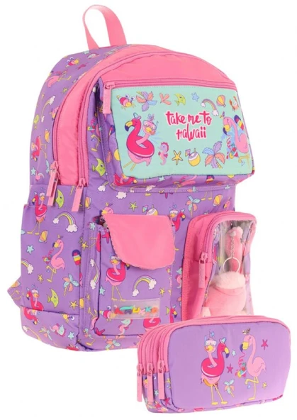 Kaukko Kız Çocuk Beş Bölmeli Okul Çantası ve Üç Bölmeli Kalemlik Seti - Peluş Flamingolu - Mor Pembe ürün görseli