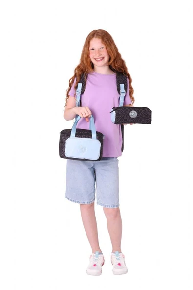 Kaukko Çizgi Desenli Siyah Mavi Kız Çocuk Üçlü Okul Çanta Seti - Resim 3