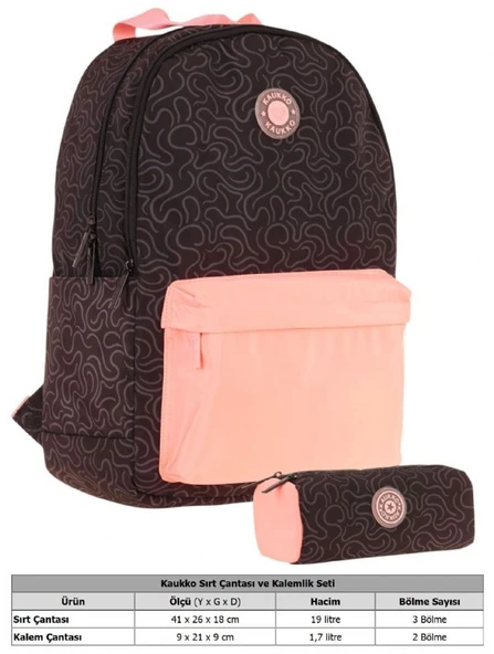 Kaukko Kız Çocuk Çizgi Desenli Üç Gözlü İlkokul Çantası ve Kalemlik Seti - Siyah Somon - Resim 2