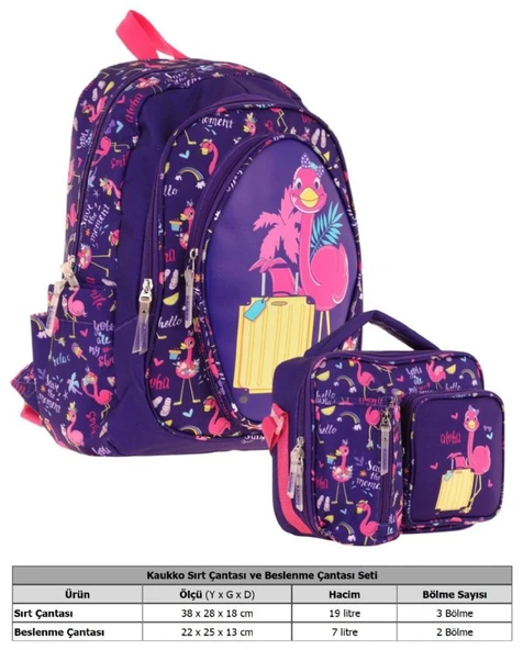 Kaukko Kids Flamingo Detaylı Okul Çantası (L5223) ve Thermo Beslenme Çantası (L7223) Seti - Kız Çocuk - Resim 2