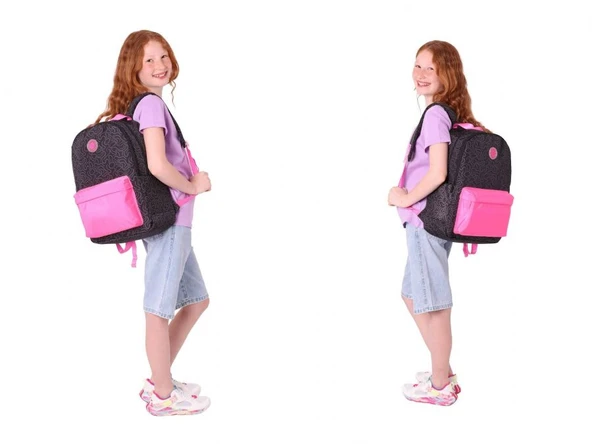 Kaukko Çizgi Desenli Siyah Fuşya Kız Çocuk Üçlü Okul Çanta Seti - Resim 4