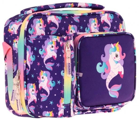 Kaukko Kız Çocuk, Mor Çok Renkli, Unicorn ve Denizkızı Isı Yalıtımlı Üç Bölmeli (Matara Cepli) Okul Beslenme Çantası L7228 ürün görseli