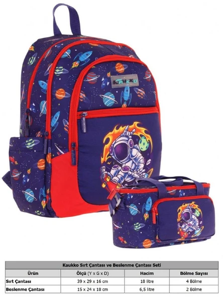 Kaukko Çanta Astronot Desenli Erkek Çocuk Lacivert Kırmızı Okul Çantası ve Thermo Beslenme Çantası Takımı (L5267+L7267) - Resim 2