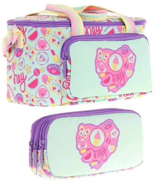 Kaukko (L7230+L8230) Beslenme Çantası (Isı Yalıtımlı) ve Kalem Çantası (Üç Bölme) Seti - Kız Çocuk - Yeşil Mor Kalp Desenli ürün görseli