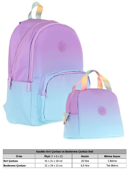 Kaukko Rainbow Üç Bölmeli İlkokul Çantası ve Beslenme Çantası Seti - Mor Turkuaz Renk Geçişli - Resim 2
