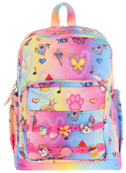 Kaukko Kids Dört Bölmeli Kız Çocuk Silikon Aksesuarlı Mavi Sarı İlkokul Çantası - Resim 2