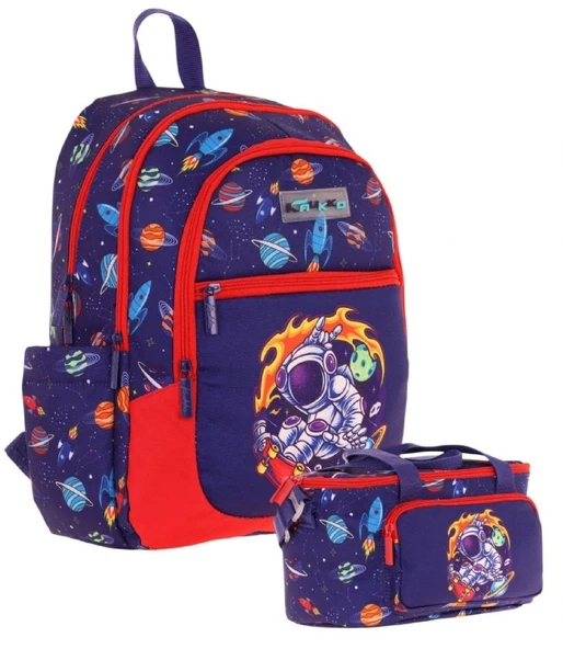 Kaukko Çanta Astronot Desenli Erkek Çocuk Lacivert Kırmızı Okul Çantası ve Thermo Beslenme Çantası Takımı (L5267+L7267) ürün görseli
