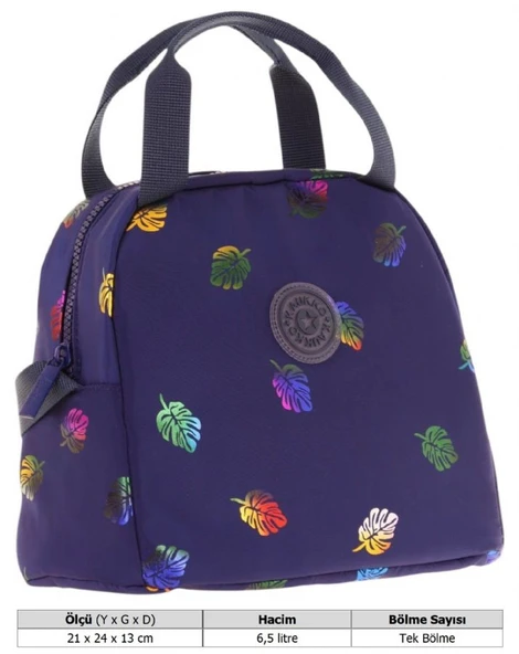 Kaukko Kız Çocuklarına Özel Lacivert Yaprak Baskılı Beslenme Çantası (Isı Yalıtımlı) (K9053) - Resim 3