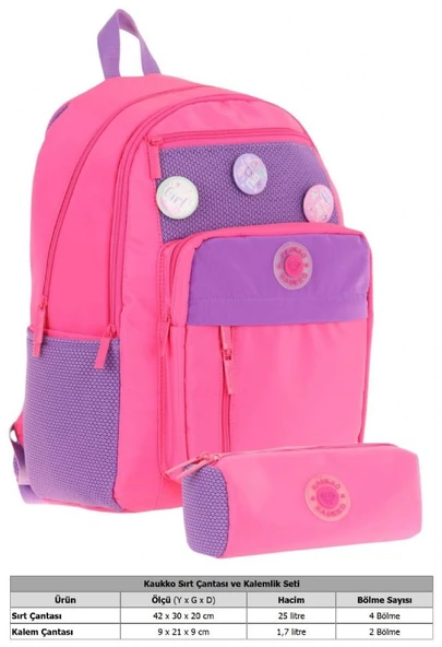 Kauko Holiday Kız Çocuk Rozetli Okul Çantası ve Kalemlik Seti - Pembe - Altı Bölmeli - Resim 2