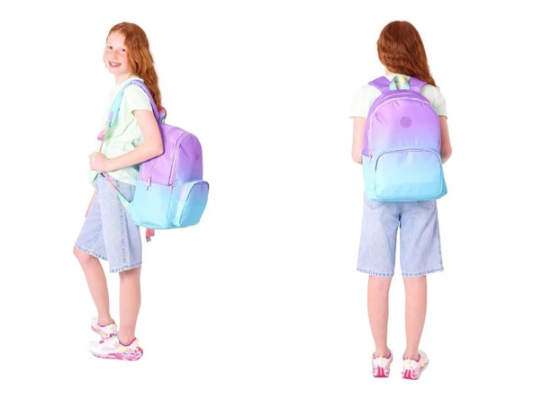 Kaukko Rainbow Üç Bölmeli İlkokul Çantası ve Beslenme Çantası Seti - Mor Turkuaz Renk Geçişli - Resim 3