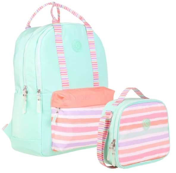 Kaukko Kız Çocuklara Özel Su Yeşili Pembe Renkli Çizgi Desenli Okul Çantası ve Beslenme Çantası Seti ürün görseli