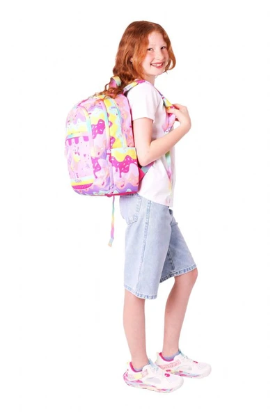 Kaukko Üç Bölmeli Kız Çocuk İlkokul Sırt Çantası (L5232) - Pembe Sarı - Dondurma Baskılı - Resim 5