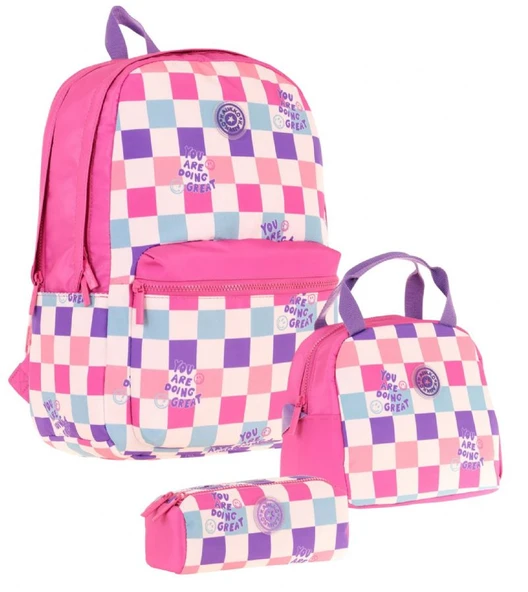 Kaukko Nature Üçlü Kız Çocuk Okul Çanta Seti - Pembe - Dama Desenli ürün görseli