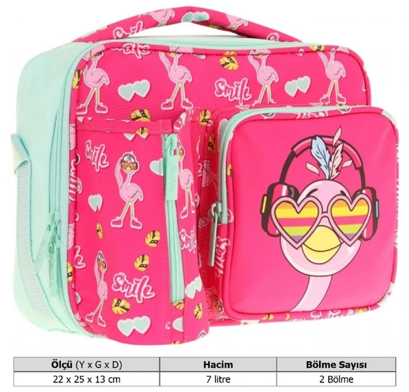 Kaukko Kız Çocuk, Kırmızı Yeşil, Flamingo Desenli Isı Yalıtımlı Üç Bölmeli (Matara Cepli) Okul Beslenme Çantası L7235 - Resim 3
