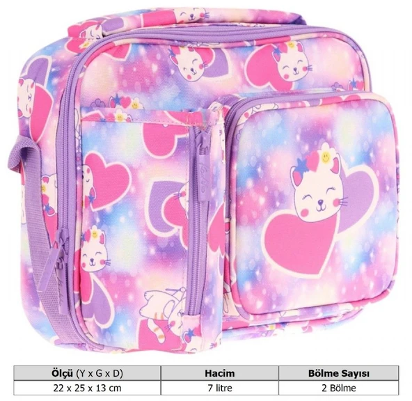 Kaukko Kız Çocuk, Lila Pembe, Kalpli Kedi Baskılı Isı Yalıtımlı Üç Bölmeli (Matara Cepli) Okul Beslenme Çantası L7219 - 3