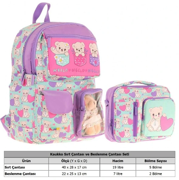 Kaukko Peluş Ayıcıklı Yeşil Mor Kız ÇocukLar İçin Okul Çantası ve Beslenme Çantası Seti (L5239+L7239) - Resim 2