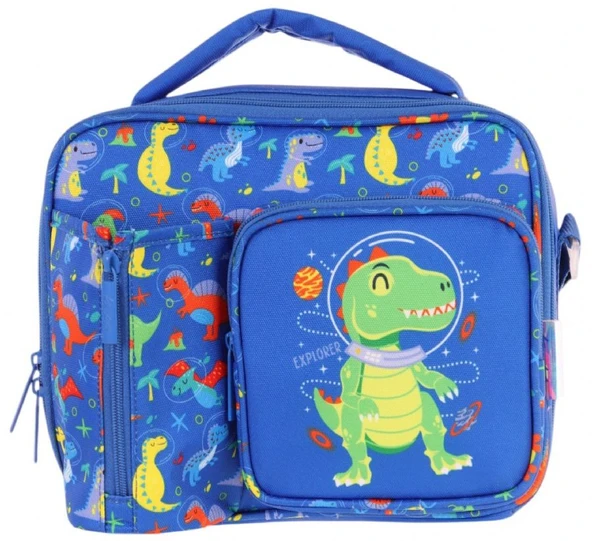 Kaukko Erkek Çocuk, Mavi Yeşil, Dinazor Baskılı Isı Yalıtımlı Üç Bölmeli (Matara Cepli) Okul Beslenme Çantası L7262 - Resim 2