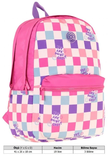 Kaukko Nature Kız Çocuk Üç Bölmeli Pembe Dama Desenli Okul Sırt Çantası - K1787 - Resim 4