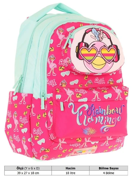 Kaukko Toys Kız Çocuk 3D Flamingo Şekilli İlkokul ve Günlük Sırt Çantası - Kırmızı Yeşil - L5235 - Resim 4