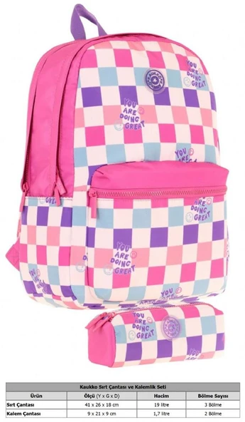 Kaukko Nature Dama Desenli Pembe Kız Çocuk Okul Çantası ve Kalemlik Okul Seti - Resim 2