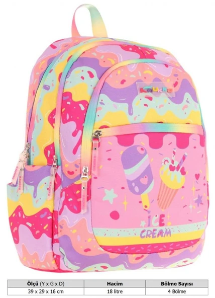 Kaukko Üç Bölmeli Kız Çocuk İlkokul Sırt Çantası (L5232) - Pembe Sarı - Dondurma Baskılı - Resim 4