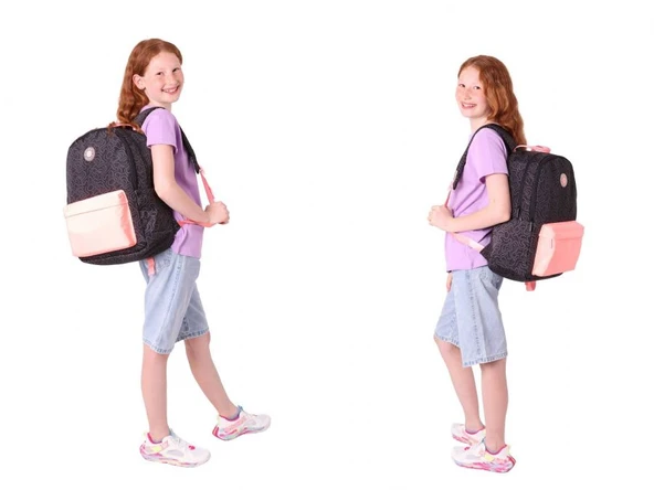 Kaukko Çizgi Desenli Siyah Somon Kız Çocuk Üçlü Okul Çanta Seti - Resim 4