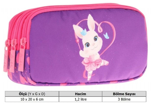 Kaukko Kids Fuşya Mor, Kalpli Tavşan, Kız Çocuk Üç Gözlü Okul Kalem Çantası - L8246 - Resim 3