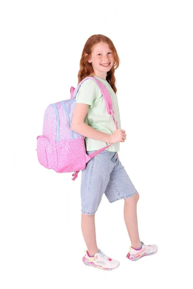 Kaukko Dots Kız Çocuk Üç Bölmeli İlkokul ve Ortaokul Çantası - Pembe Nokta Desenli - K1803 - Resim 5