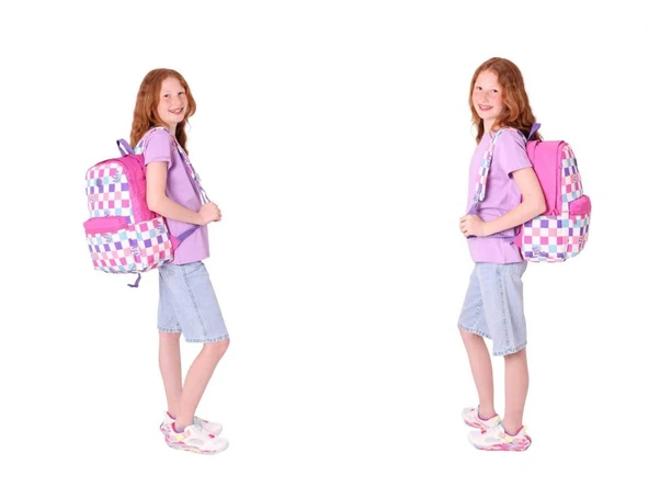 Kaukko Nature Üçlü Kız Çocuk Okul Çanta Seti - Pembe - Dama Desenli - Resim 4