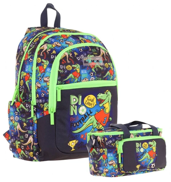 Kaukko Çanta Dinazor Desenli Erkek Çocuk Siyah Yeşil Okul Çantası ve Thermo Beslenme Çantası Takımı (L5266+L7266) ürün görseli