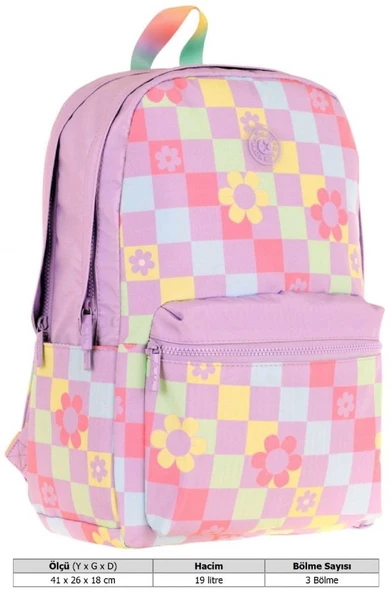 Kaukko Nature Kız Çocuk Üç Bölmeli Mor Pembe Papatya ve Kare Desenli Okul Sırt Çantası - K1786 - Resim 4