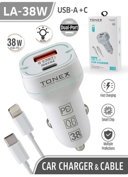Tonex 38w 2 Girişli Type-C To Lightning Kablolu Araç Şarjı Işıklı LA-38W - 5 ADET - 4