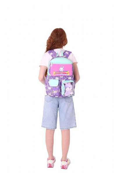 Kaukko Kız Çocuk Peluş Tavşanlı İlkokul Okul Sırt Çantası - Mor Yeşil - L5242 - Resim 6