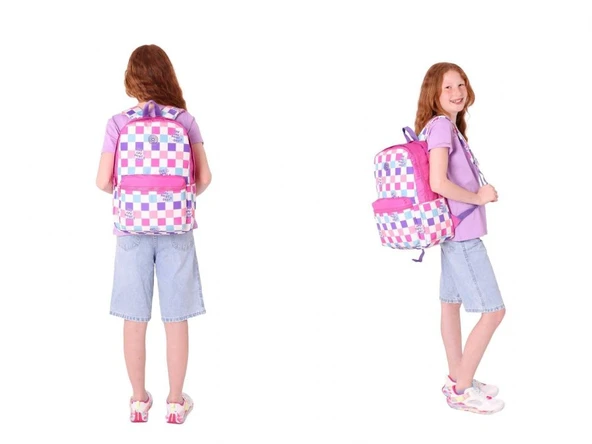 Kaukko Nature Dama Desenli Pembe Kız Çocuk Okul Çantası ve Kalemlik Okul Seti - Resim 3