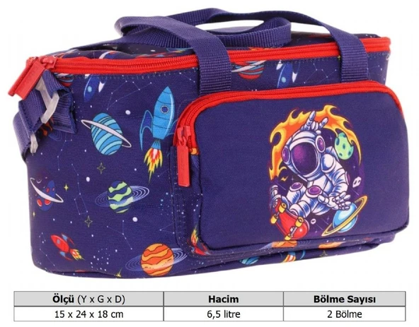 Kaukko Kids Thermo Isı Yalıtımlı Erkek Çocuk Astronot Baskılı Lacivert Kırmızı Beslenme Çantası L7267 (İki Bölmeli) - Resim 4