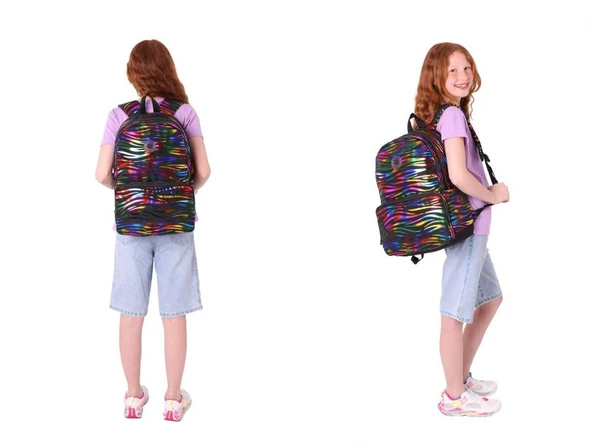 Kaukko Shine Kız Çocuk Zebra Desenli Siyah Çok Renkli İlkokul, Ortaokul Sırt Çantası ve Kalemlik Seti - Resim 3