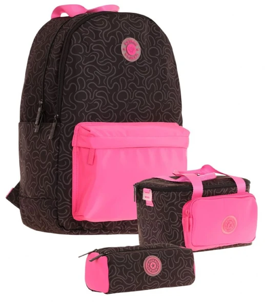 Kaukko Çizgi Desenli Siyah Fuşya Kız Çocuk Üçlü Okul Çanta Seti ürün görseli
