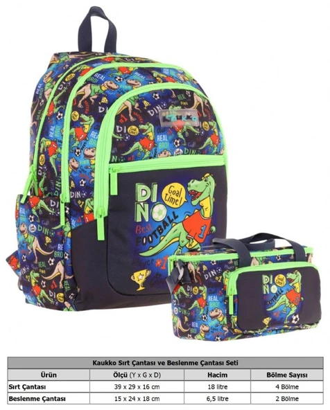 Kaukko Çanta Dinazor Desenli Erkek Çocuk Siyah Yeşil Okul Çantası ve Thermo Beslenme Çantası Takımı (L5266+L7266) - Resim 2