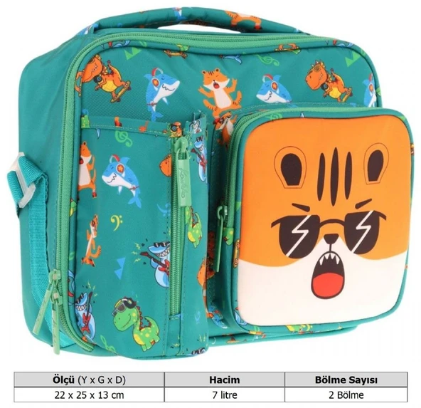 Kaukko Erkek Çocuk, Yeşil Turuncu, Aslan Baskılı Isı Yalıtımlı Üç Bölmeli (Matara Cepli) Okul Beslenme Çantası L7254 - Resim 3