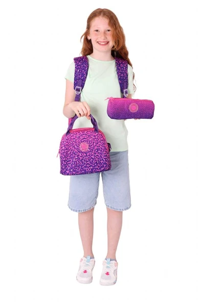 Kaukko Dots Mor Nokta Desenli Kız Çocuk Üçlü İlkokul ve Ortaokul Çanta Seti - Resim 3