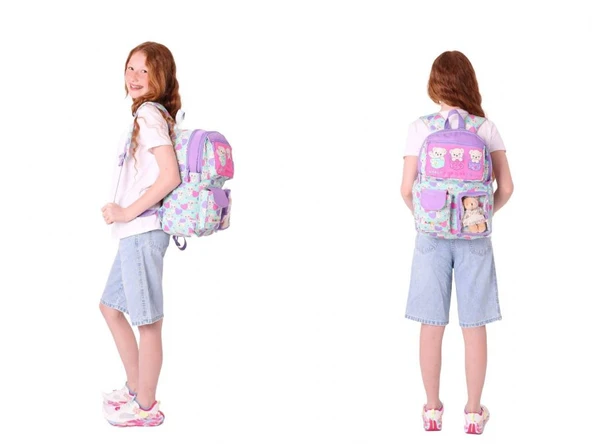 Kaukko Peluş Ayıcıklı Yeşil Mor Kız ÇocukLar İçin Okul Çantası ve Beslenme Çantası Seti (L5239+L7239) - Resim 3
