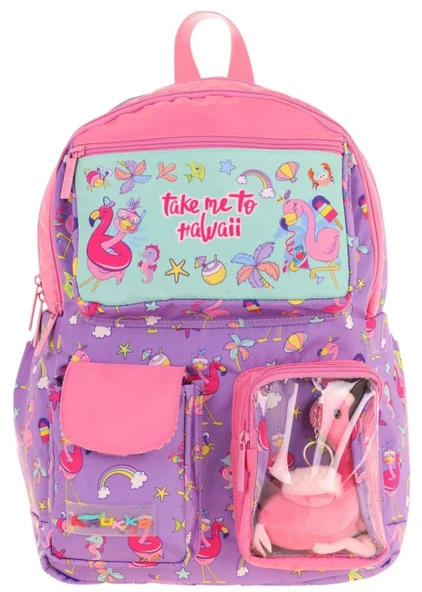 Kaukko Kız Çocuk Peluş Flamingolu İlkokul Okul Sırt Çantası - Mor Pembe - L5240 - Resim 2