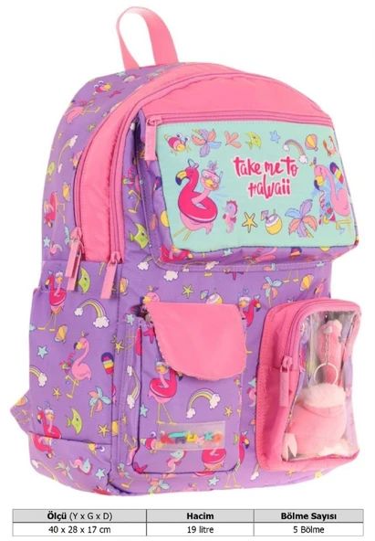 Kaukko Kız Çocuk Peluş Flamingolu İlkokul Okul Sırt Çantası - Mor Pembe - L5240 - Resim 4