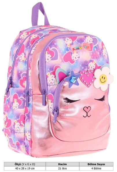 Kaukko Kids Kedi Şekilli Kız Çocuk Dört Gözlü Okul Çantası - L5219 - Resim 4