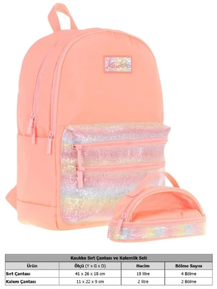 Kaukko Magic Dreams Okul Sırt Çantası ve Şeffaf Kalem Çantası Seti - Kız Çocuk - Somon - Resim 2