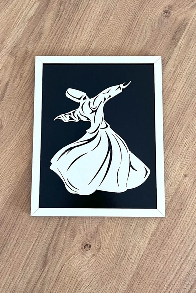 Modern Beyaz Çerçeveli Ahşap Semazen (Mevlana) Tablosu – 25x20 cm ürün görseli