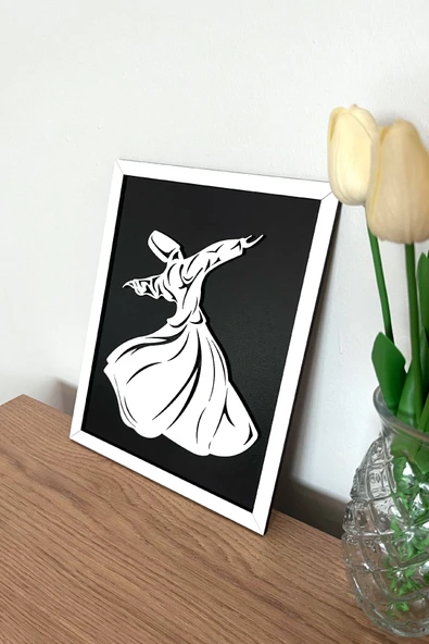 Modern Beyaz Çerçeveli Ahşap Semazen (Mevlana) Tablosu – 25x20 cm - Resim 3